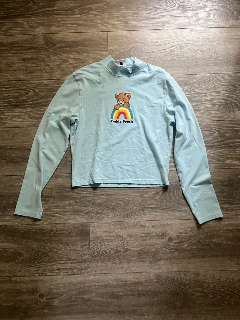 Teddy Fresh Blue Logo Mock Neck Cropped Long Sleeve Cotton Indiepop Rainbow L